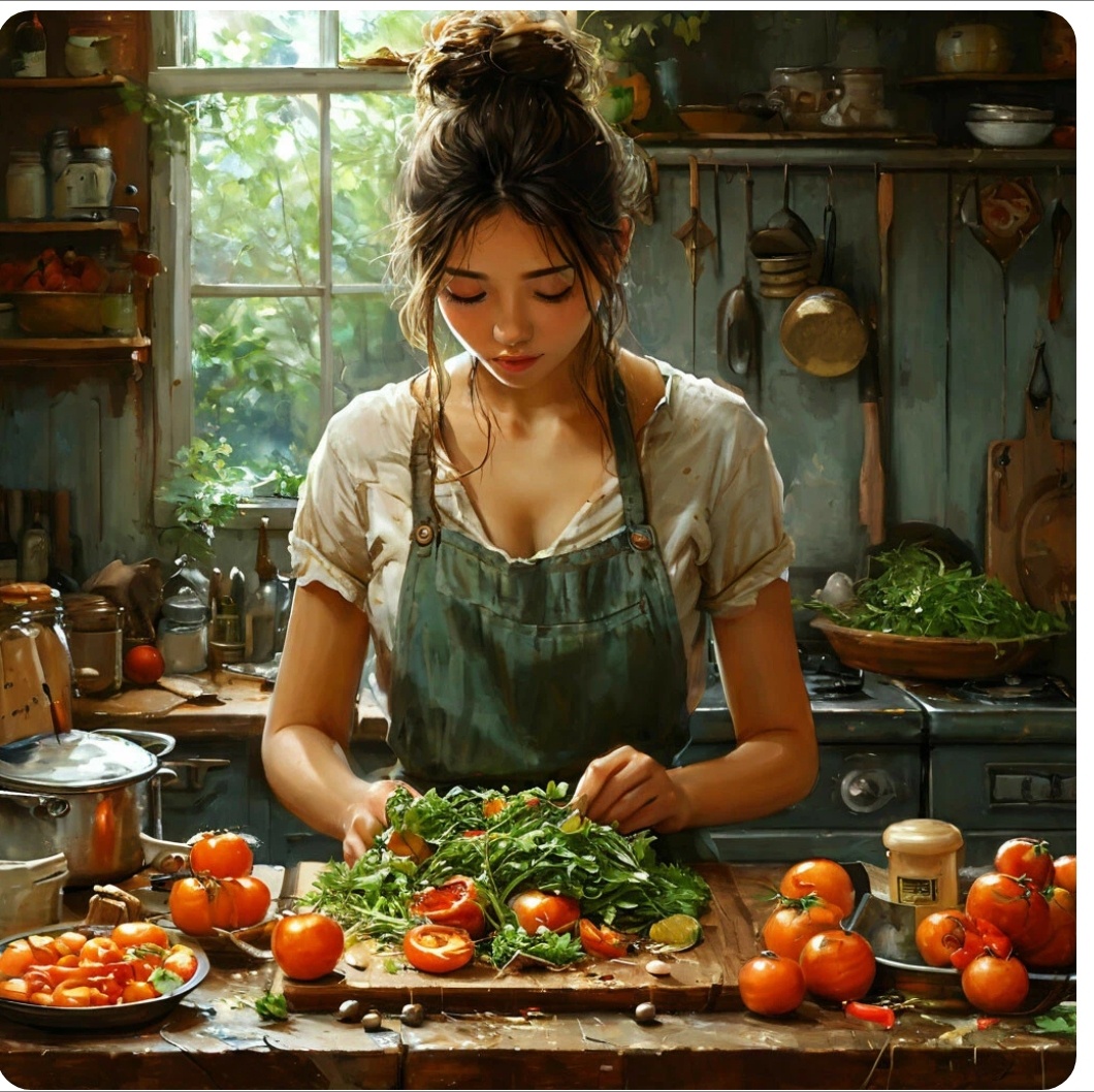 Изображение сгенерировано нейросетью Шедеврум по запросу автора - "Ленивая Стряпуха готовит ужин".