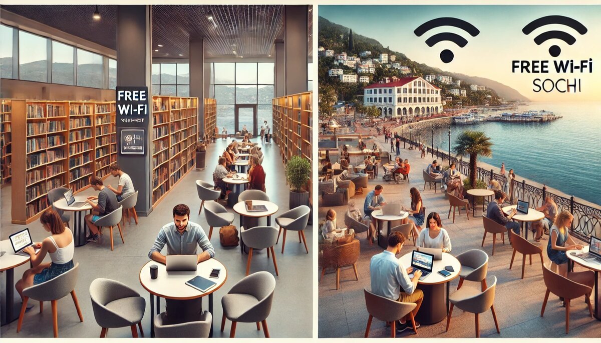 Первое изображение показывает современную библиотеку в Сочи, где посетители используют бесплатный Wi-Fi на ноутбуках и телефонах, сидя в тихой и уютной зоне с книжными полками на фоне. Второе фото демонстрирует оживленную открытую площадь у набережной Сочи, где люди, подключенные к бесплатному Wi-Fi, отдыхают с видом на Черное море и расположенные рядом кафе.