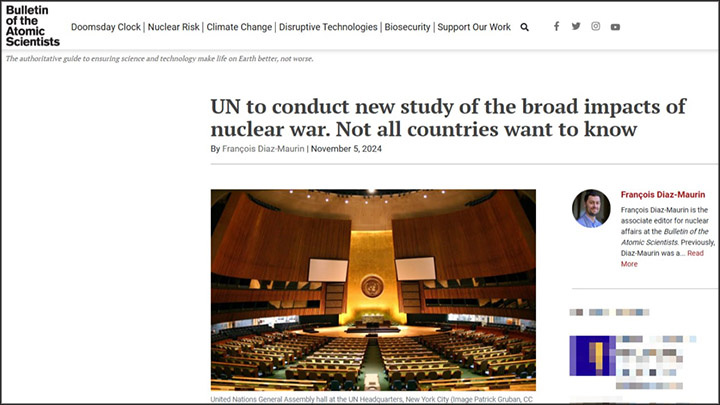     "Бюллетень ученых-ядерщиков": "ООН проведёт новое исследование обширных последствий ядерной войны. Не все страны хотят знать". Скриншот: thebulletin.org.