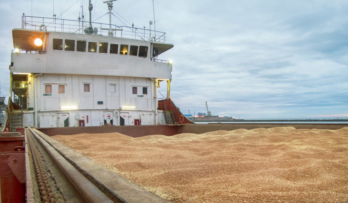    Корабль с грузом пшеницы в порту погрузки