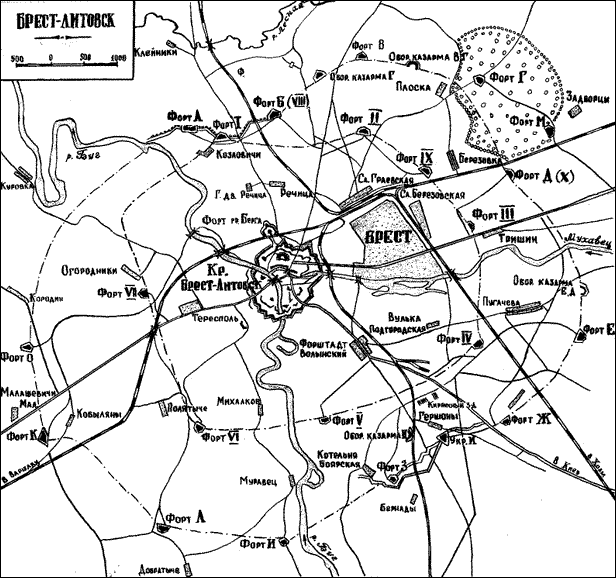 Карта-схема Брестской крепости и окружающих её фортов, 1912 год 
