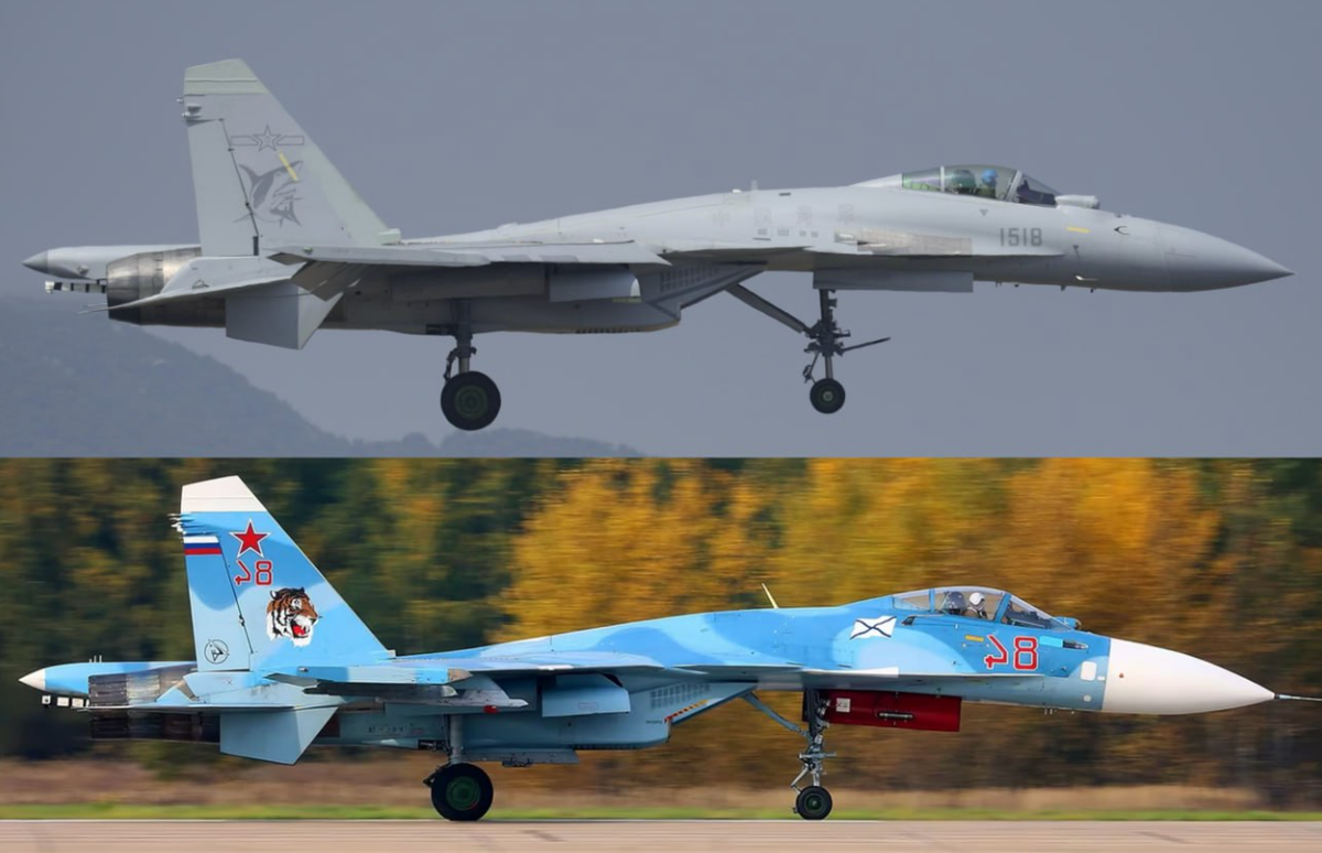 "Летающая акула"  J-15Т  ВМС НОАК и Су-33 ВМФ России. Как говорится, найдите десять отличий. Коллаж MWM