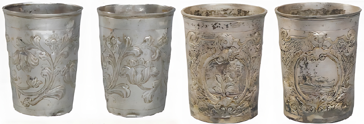 Стакан 1755,  стакан 1741 - 1749 , серебро , чеканка , золочение 