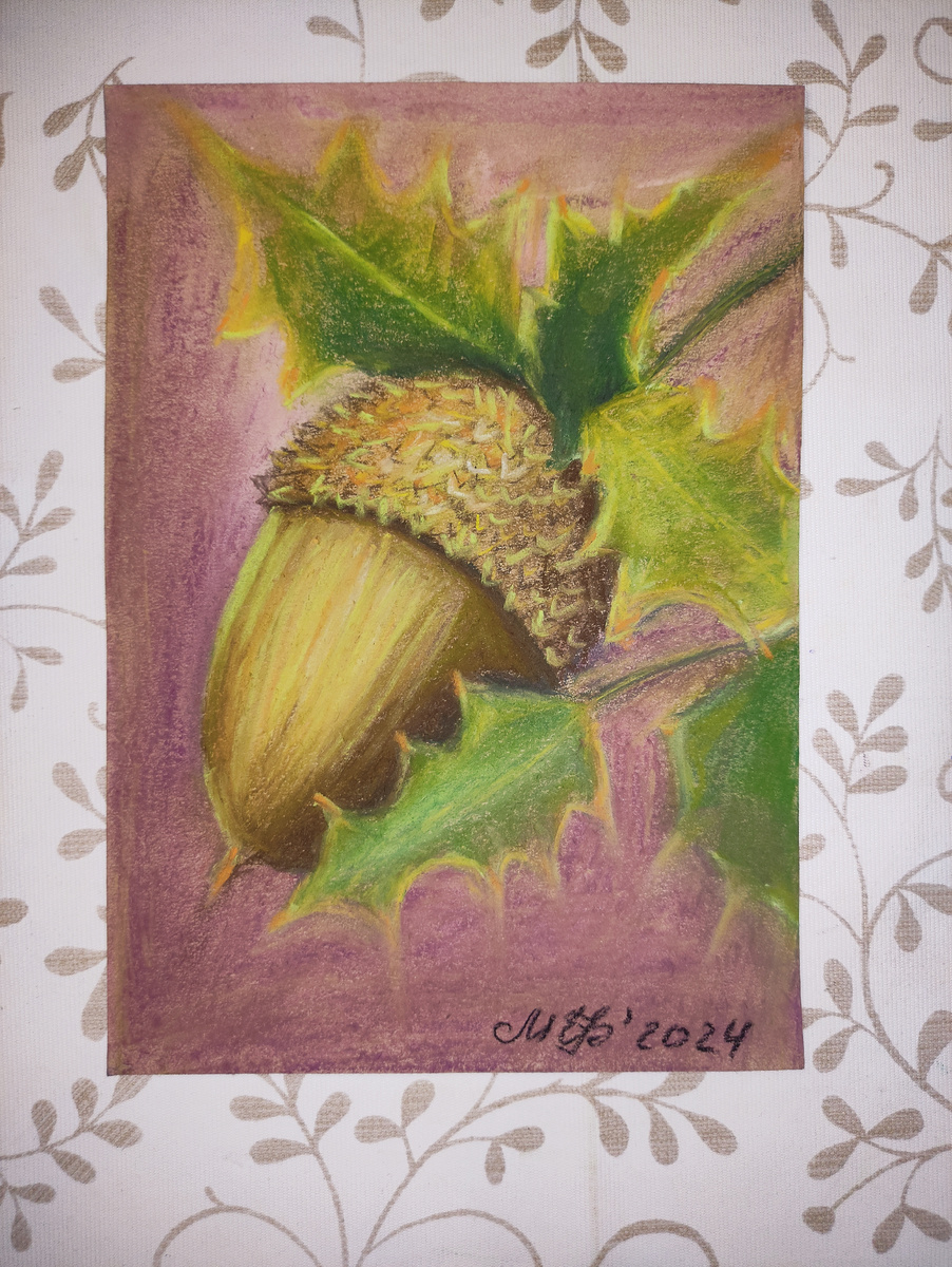 Жёлудь с листьями в среде. Крафт, формат А5, сухая пастель и пастельные карандаши. 