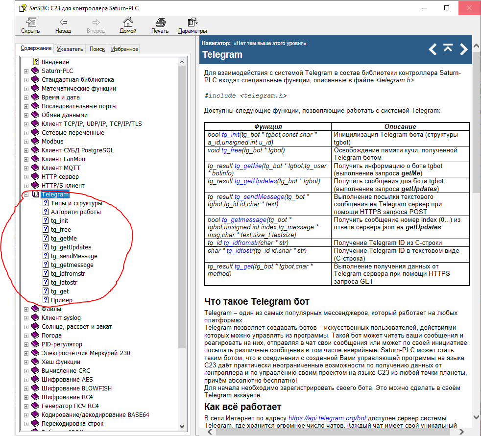 Раздел помощи по функциям работы с Telegram