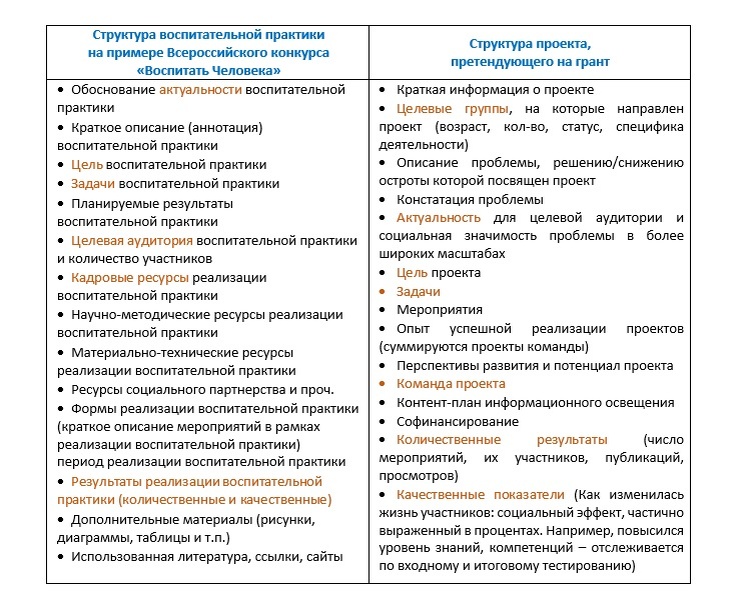 Сравнительный анализ компонентов воспитательных практик и грантовых проектов