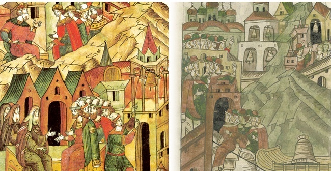 Созыв вече в Новгороде. Лицевой летописный свод,1568-1576 год • Увоз вечевого колокола из Новгорода. Лицевой летописный свод