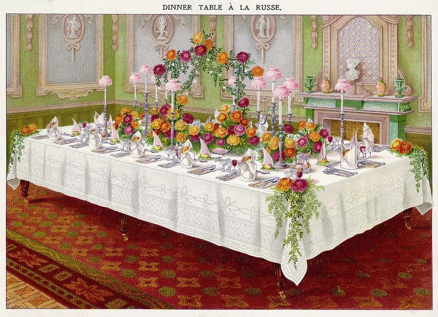 Сервировка стола a la russe. Из книги Mrs. Beeton's Book of Household Management. 1899