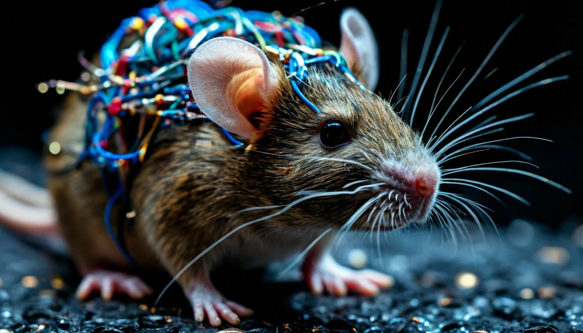 Крыса с электродами в мозге при помощи нейросети управляет миром. Автор - Шедеврум 