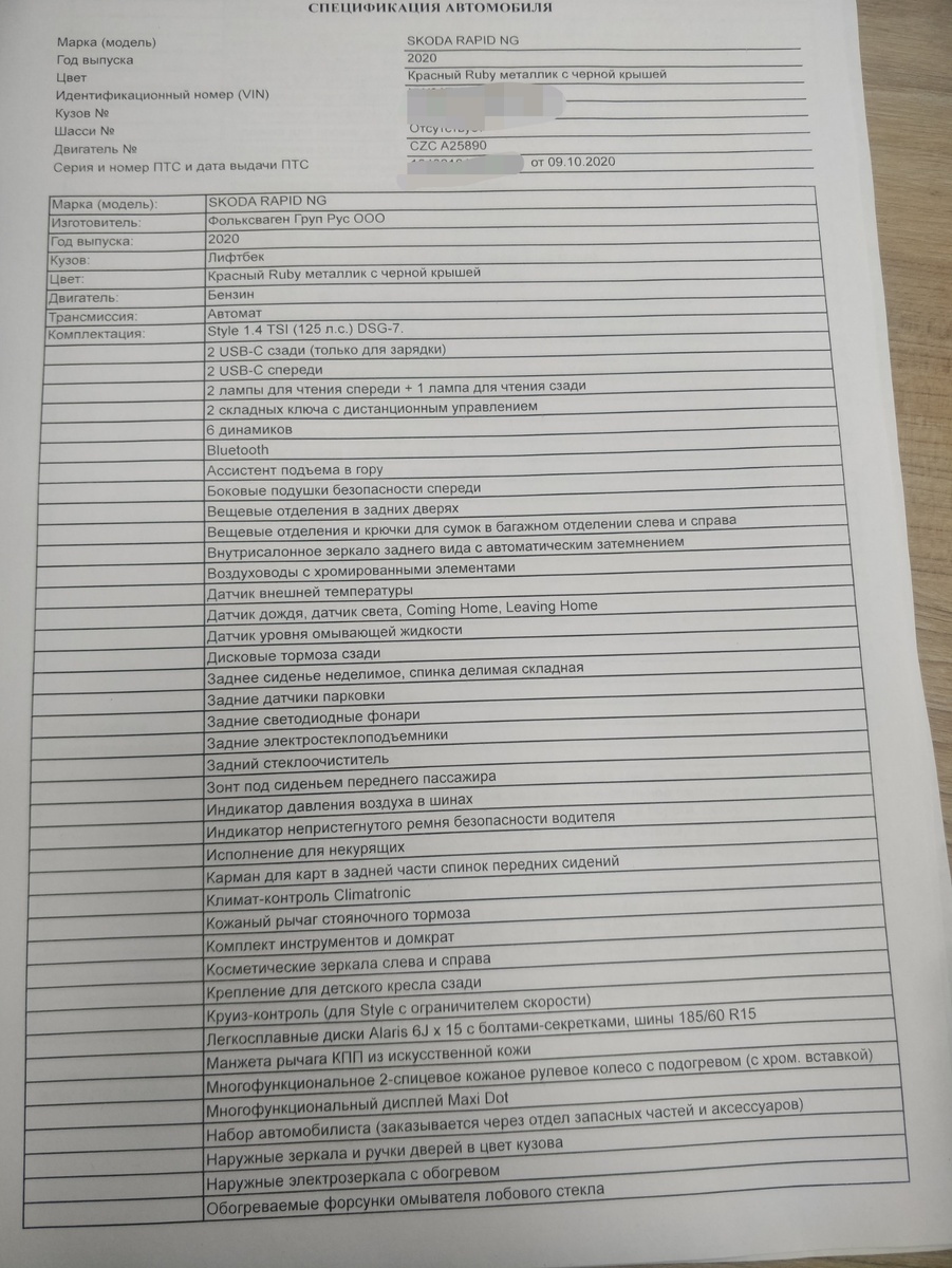 Спецификация автомобиля Skoda Rapid 2020