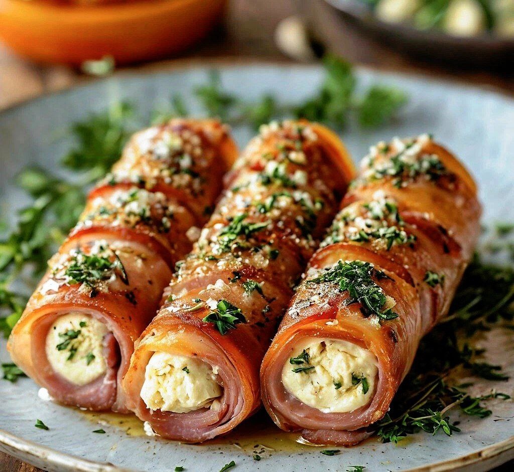 Аппетитные рулетики из ветчины, фаршированные сыром и зеленью. Новогодняя закуска