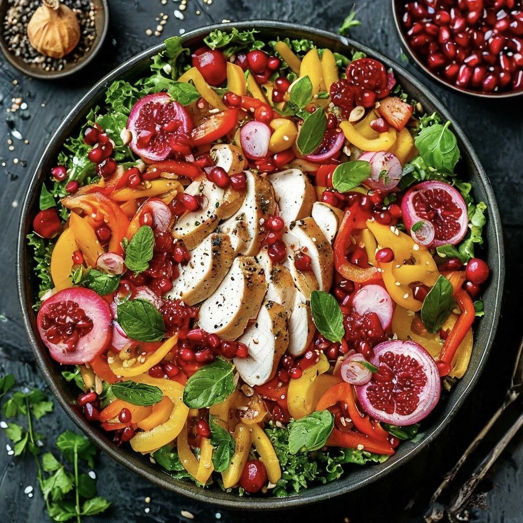 Яркий и красочный салат "Новогодний фейерверк" с курицей, гранатом и свежими овощами