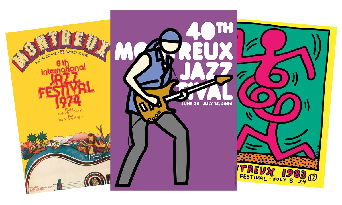 Плакаты джазового фестиваля в Монтрё. Авторы (слева направо): Бруно Кэнг, Джулиан Опи и Кит Харинг. Все изображения © Fondation du Festival de Jazz de Montreux