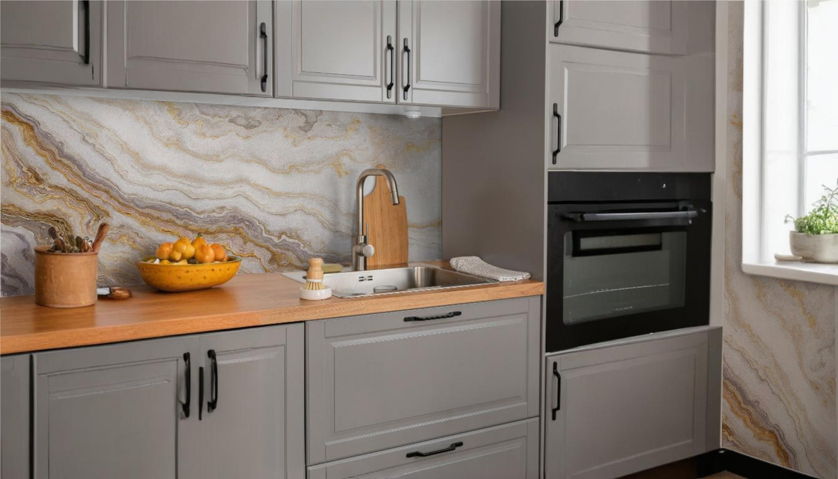 Вариант использования гибкого мрамора на кухне. 