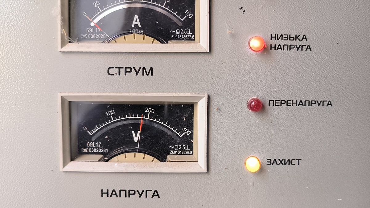 Показатели стабилизатора о поступающем электричестве - 180 в Срабатывает отключение, т.е. защита - ("Захист")