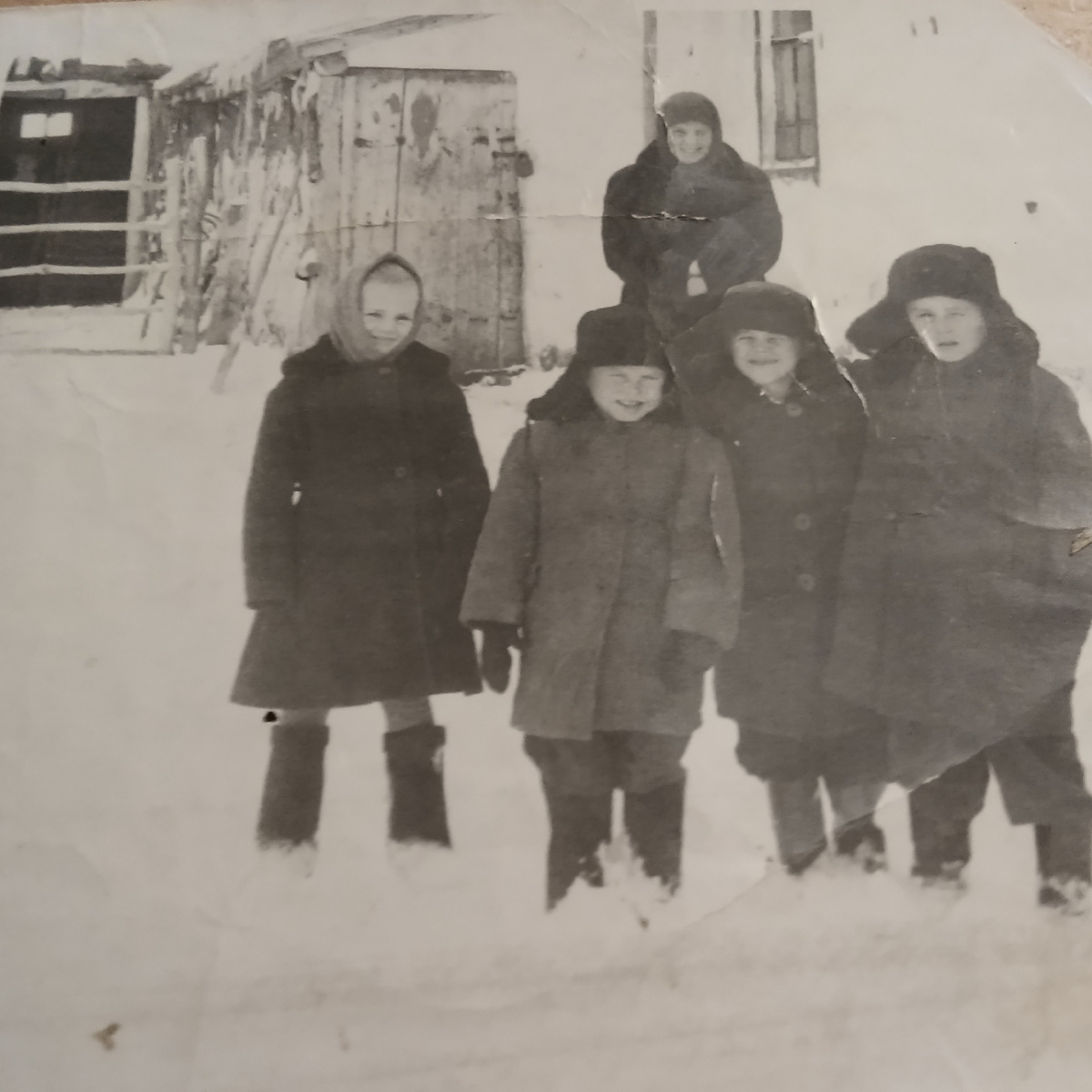 Около дома Щербаковых, справа Юдин Василий, Щербаков Петр, Валявин Михаил, Щербакова Зина и Щербакова Анна Николаевна.