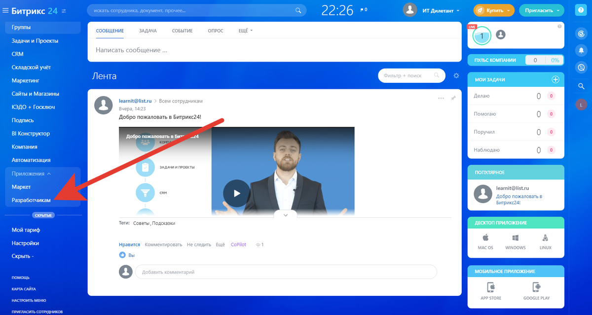 Битрикс24. Раздел Приложение - Разработчикам