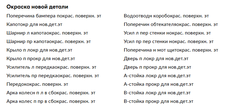 А там есть нерегистрированное в ГАИ ДТП. Список окрасов новых элементов. Особенно, интересны последние четыре позиции. Список же замен ни в один скриншот не влезет. 