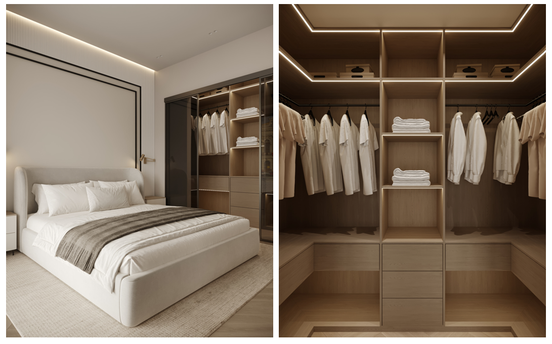 Кадр из моего проекта ЖК HIDE. Спальня, гардеробная