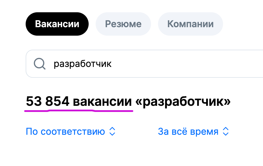 Открытых вакансий на позицию "разработчик"