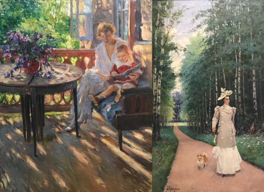 Слева: Александр Моравов. Семейный портрет. 1919. Тверская галерея. Справа: Алексей Кившенко. На прогулке (портрет княгини Л.К. Ширинской-Шихматовой). 1894. Тверская галерея.  