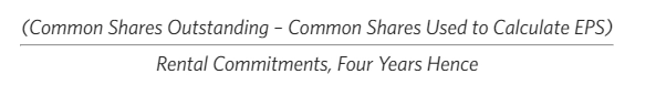Common Shares Outstanding - Common Shares Used to Calculate EPS)/Rental Commitments, Four Years Hence 
(Выпущенные обыкновенные акции - обыкновенные акции, использованные для расчета прибыли на акцию)/обязательства по аренде, четыре года спустя