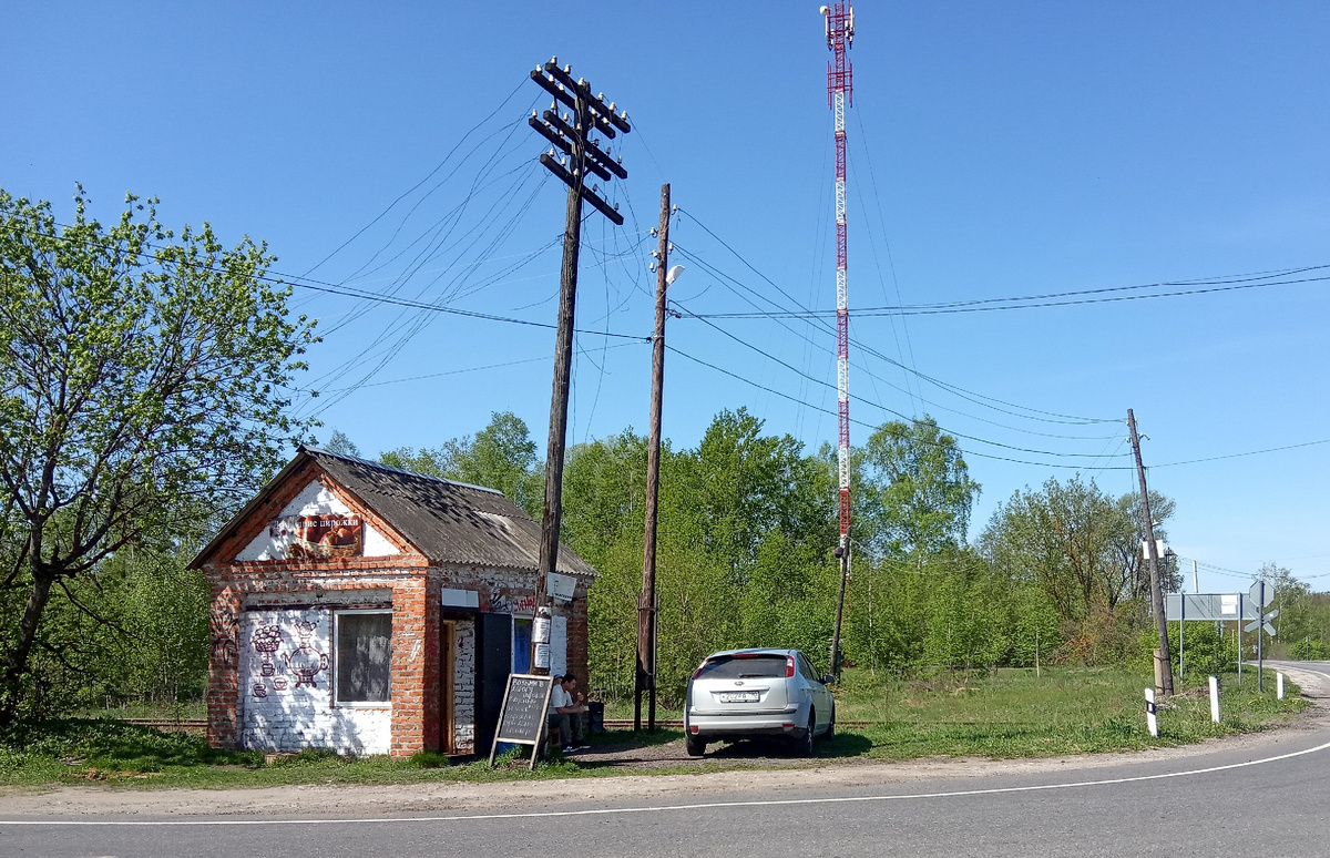 В этой будочке дежурного по переезду нет никакого дежурного по переезду. Там пирожки продают. Переезд явно нерабочий. Больше фото - в галерее. 