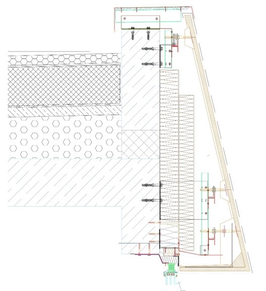 Узел крепления облицовки на наклонных пилонах верхних этажей