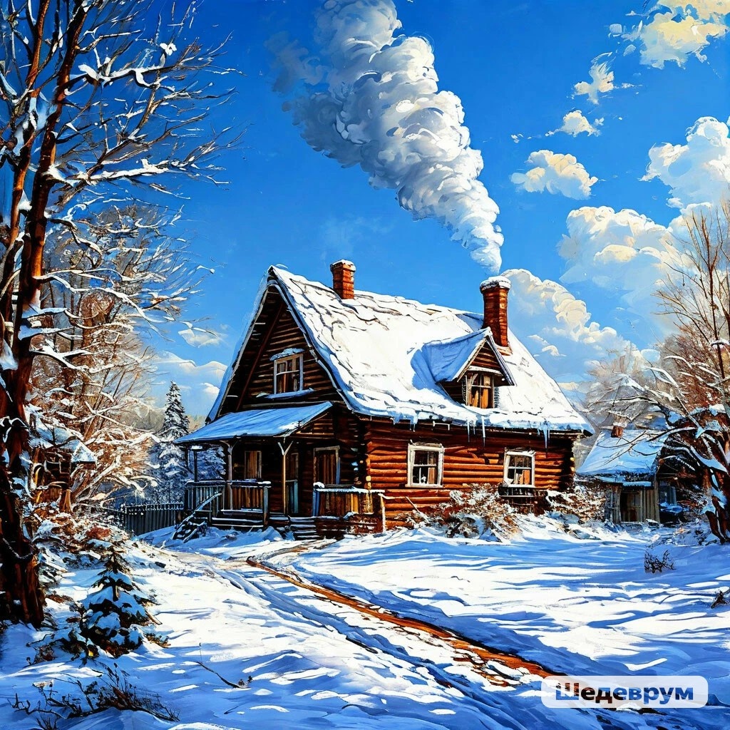 Домик в деревне. Изображение создано с помощью нейросети Шедеврум