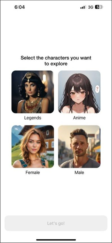 Пользователь может выбрать категорию персонажа для общения. Например, легенду, героя аниме или обычного человека
