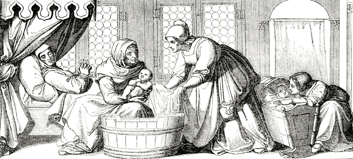 Акушерки, купающие новорожденного (средневековая гравюра)