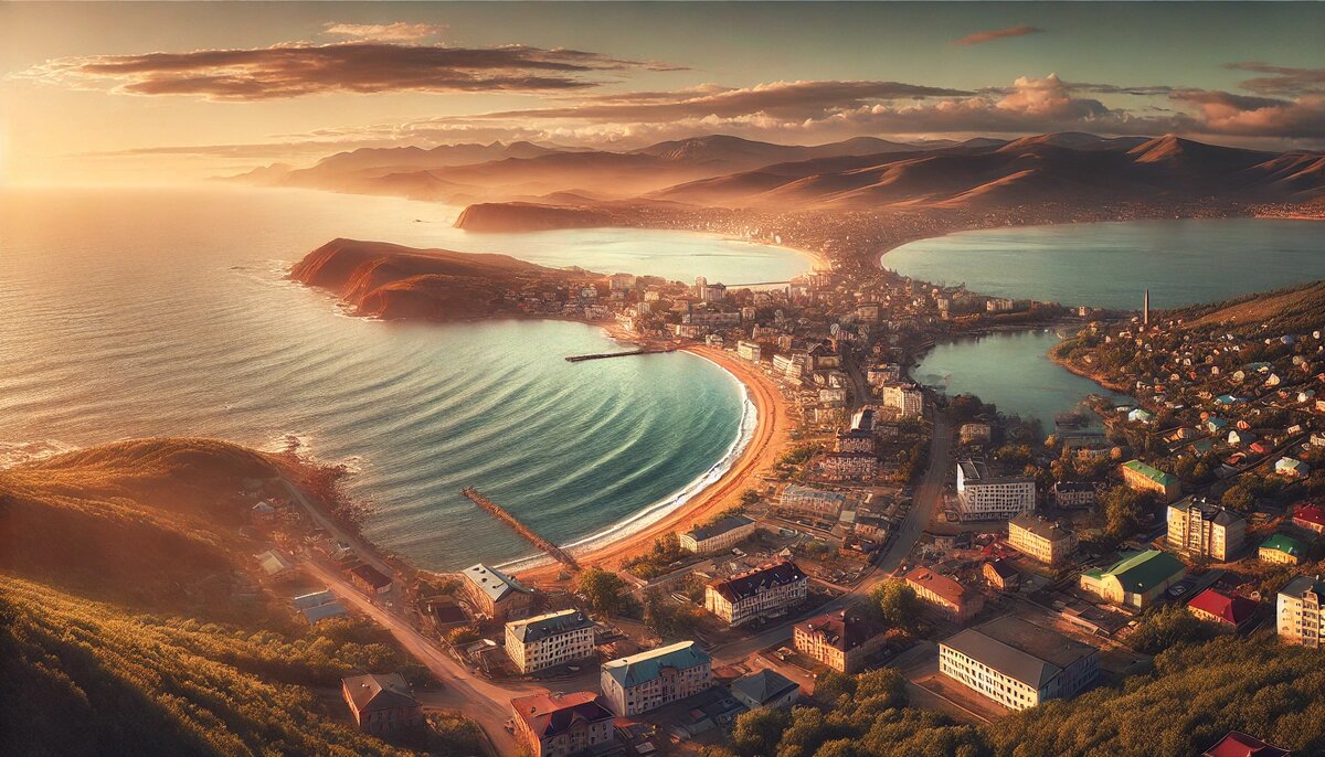 Панорамный вид на поселок Дивноморск и его побережье, создающий первое впечатление.