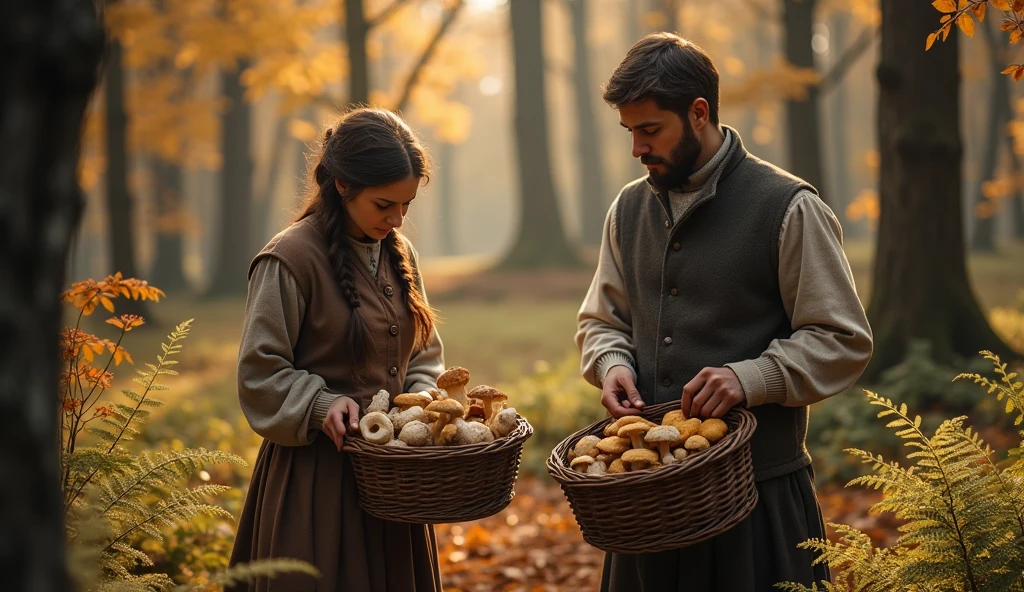 Старинный русский лес: жители деревни собирают грибы в плетёные корзины. Это не просто сбор, а традиция, объединяющая людей.