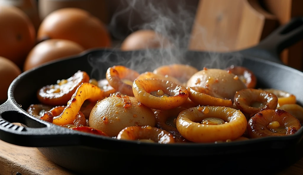 Грибы с луком, обжаренные на сковороде, готовятся к тому, чтобы стать звездой начинки в пироге, передавая аромат леса и нотки карамели.