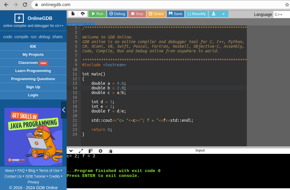 Целые и дробные числа onlinegdb.com