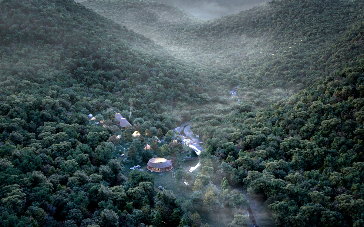 Architect Eric Baldwin. Third Nature Creates Conical Cabins for Adventure Park in Japan.