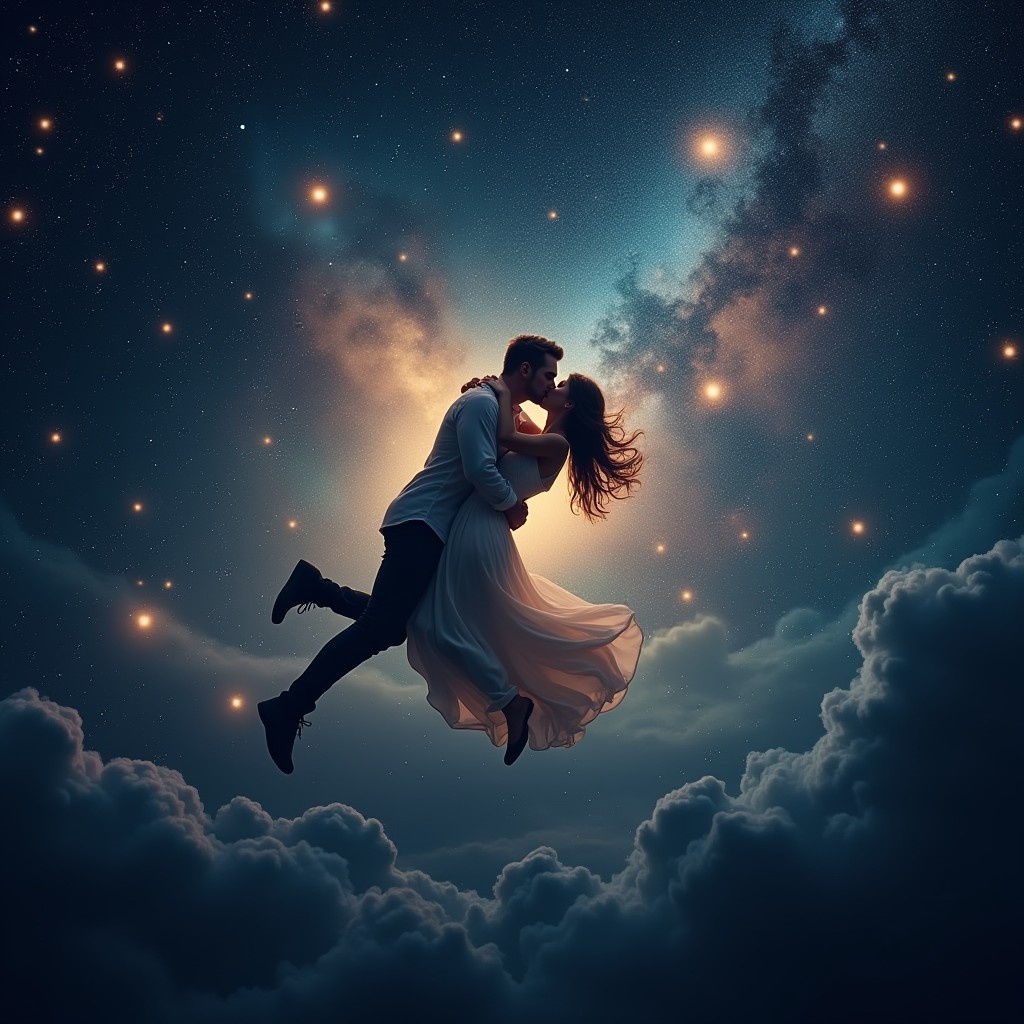 Мы — два сердца, парящие в бескрайности вселенной, где каждый взгляд и каждое прикосновение становятся частью вечного танца космической любви. 