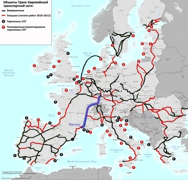 Европейские маршруты TET (Trans Euro Trail), путь Сергея отмечен синим.