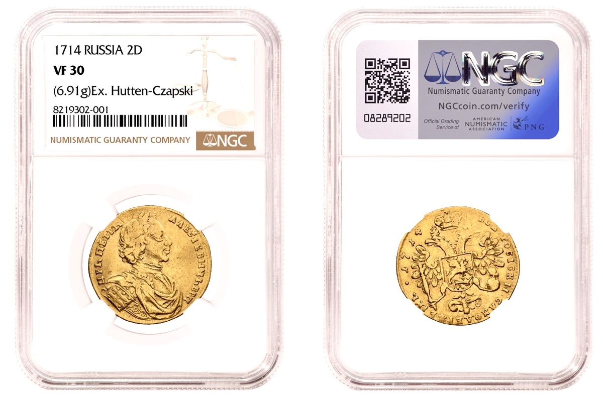 Двойной червонец 1714 года — с личным клеймом графа Э. Гуттен-Чапского 