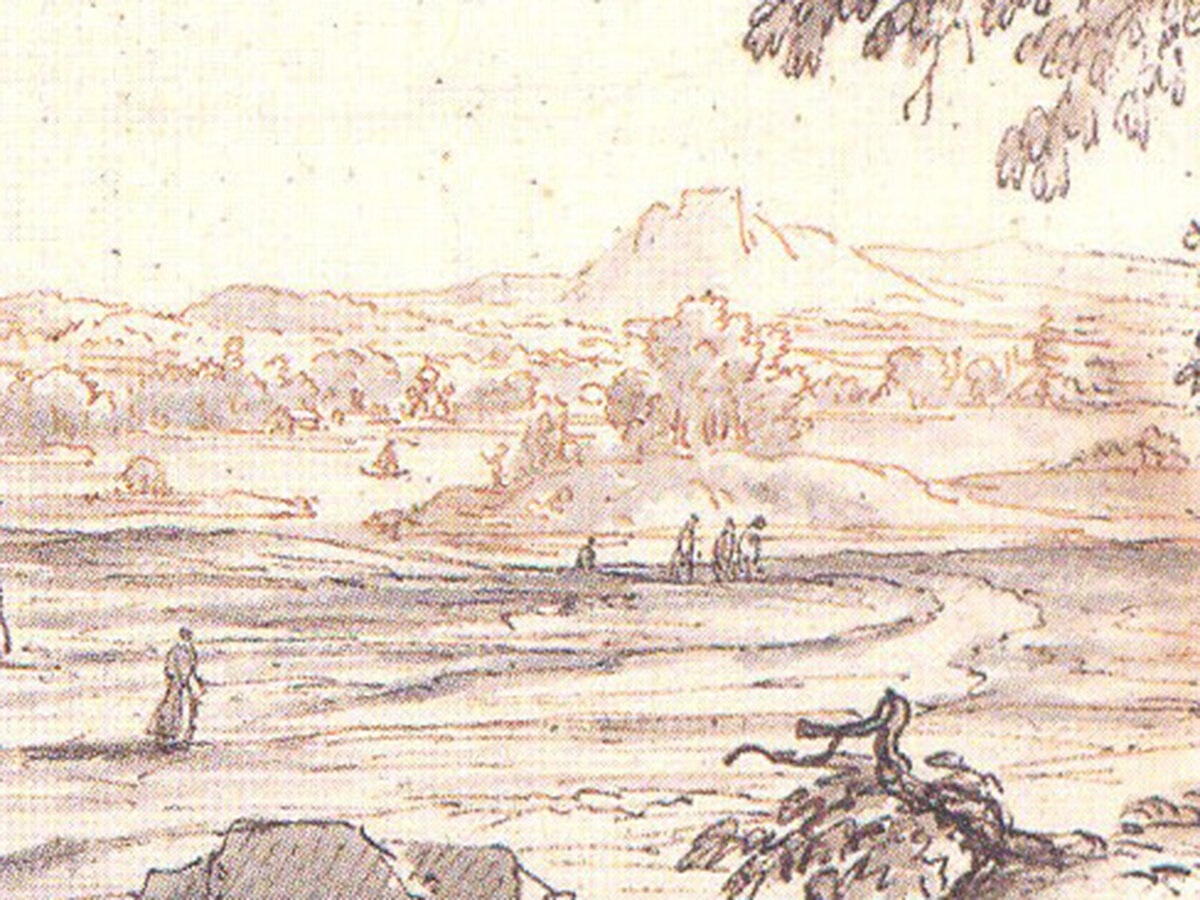 Фрагмент рисунка Пальмквиста, 1674 г. Видно речку Химку и будущий парк Покровское-Стрешнево с безлесной кручей (будущее сельцо Елизаветино).