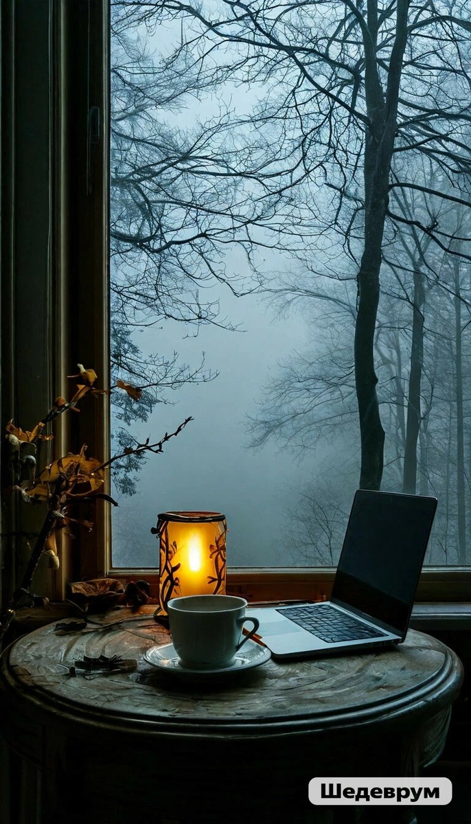 Тему навеял взгляд из окна на ноябрьские сумерки. Дружище Шедеврум, как всегда, помог визуализировать. 