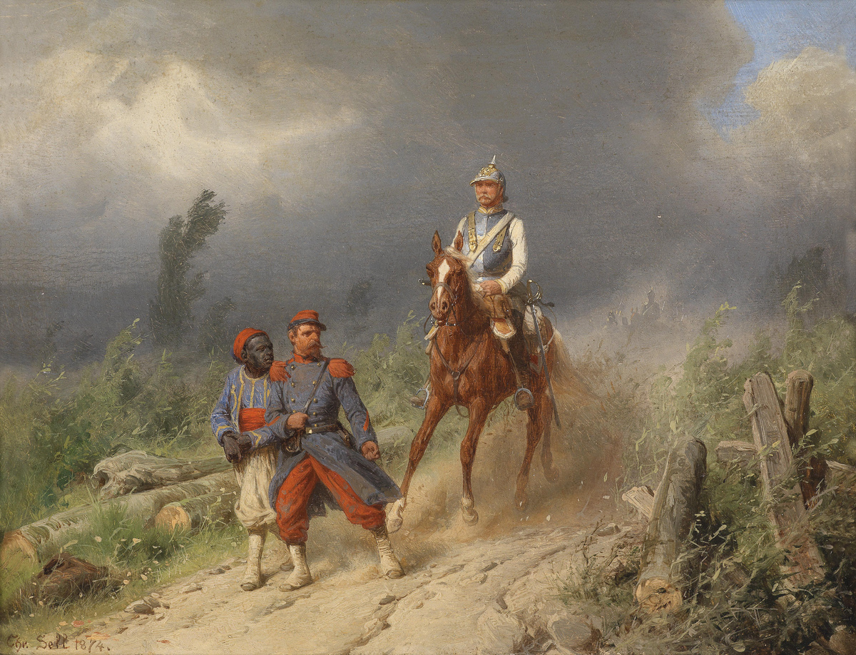Немецкий кирасир ведет пленных зуавов, 1870 год. Художник: Christian Sell