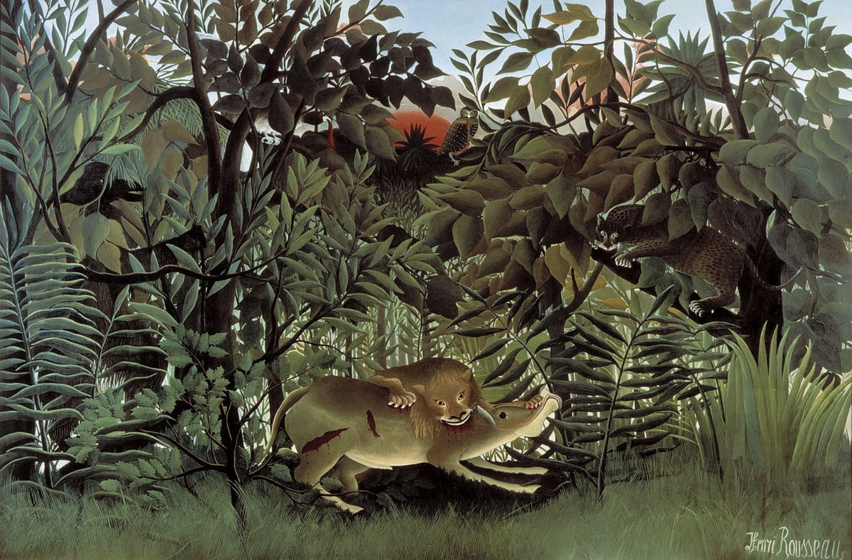 Голодный лев бросается на антилопу, 1905 г. Анри Руссо