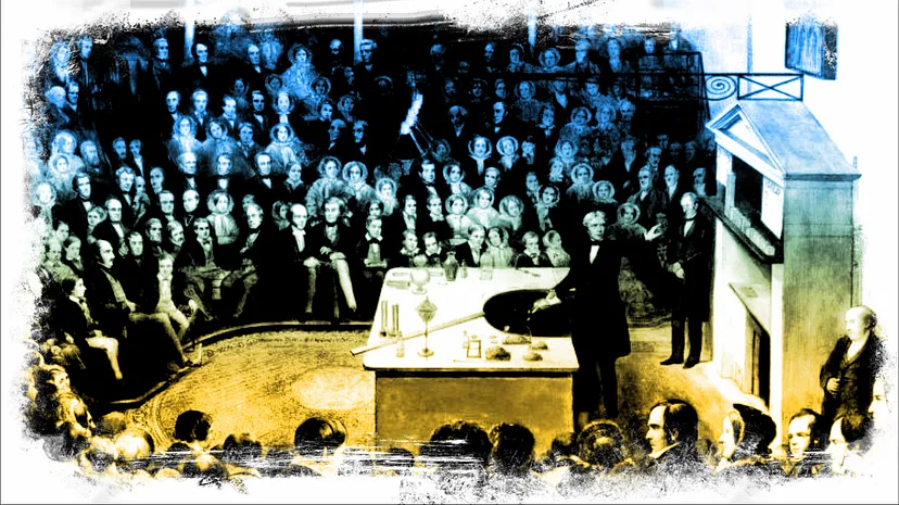 Фарадей читает лекцию в Королевском институте в 1856 году.