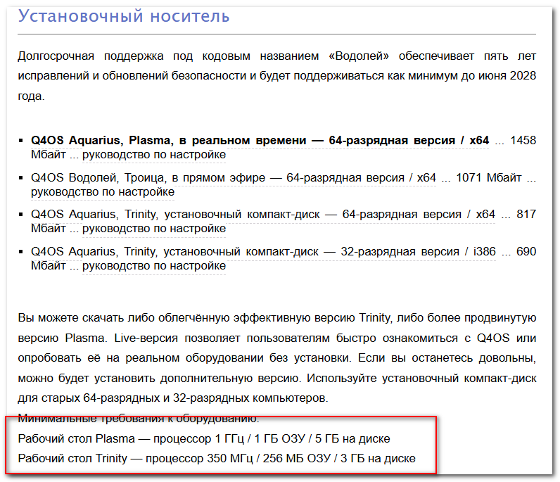 Скрин со страницы загрузки, обратите вниманиена минимальные системные требования для версии тринити, сейчас такое железо сложно найти ))