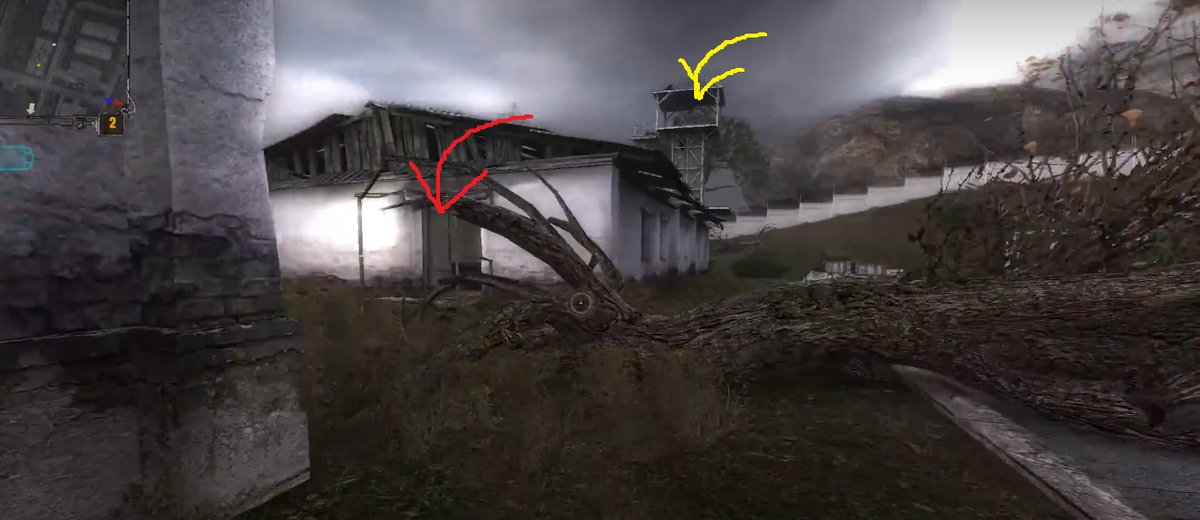 Красная стрелка указывает на вход в казарму, где лежит винторез. Желтая указывает на вышку, с которой надо спрыгнуть на чердак казармы, и там найти патроны для винтореза. 