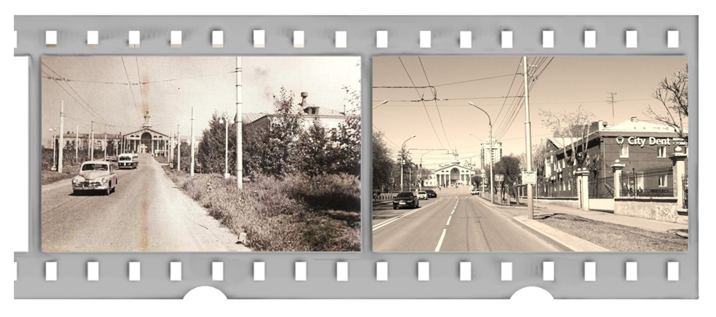 Фотография № 1.2.1 Вид на здание аэровокзала бывшего аэропорта города Красноярск с улицы Аэровокзальная: кадр слева – лето 1959 года, кадр справа – от 21.05.2024.