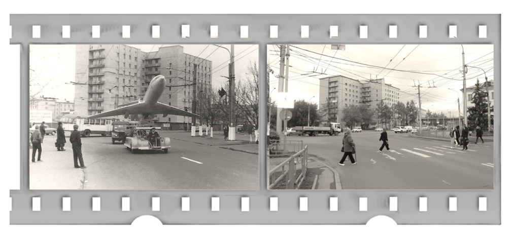 Фотография № 1.2.2. Перекрёсток улиц Партизана Железняка и Аэровокзальной со стороны улицы Аэровокзальной. Кадр слева: 01 мая 1983 года. Макет Ту-154 возвращается с первомайской демонстрации. Этот реконструированный самолётный трап везёт себя, флаги и транспаранты. Флаги и транспаранты будут доставлены в УТО-14, а трап встанет в ангар. На заднем плане – общежитие № 2 КГМИ: здание построено, закрыт тепловой контур, но признаков проживания в здании нет, не высажены деревья. Слева от общежития № 2 и в гулбине кадра просматривается пятиэтажное здание – это общежитие КГМИ № 4.