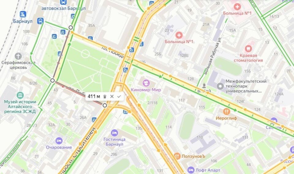    Пробки 10 ноября в Барнауле. Источник: скриншот "Яндекс Карт"