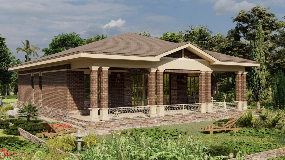 Дом симметричный в плане, с большой террасой вдоль всего садового фасада.